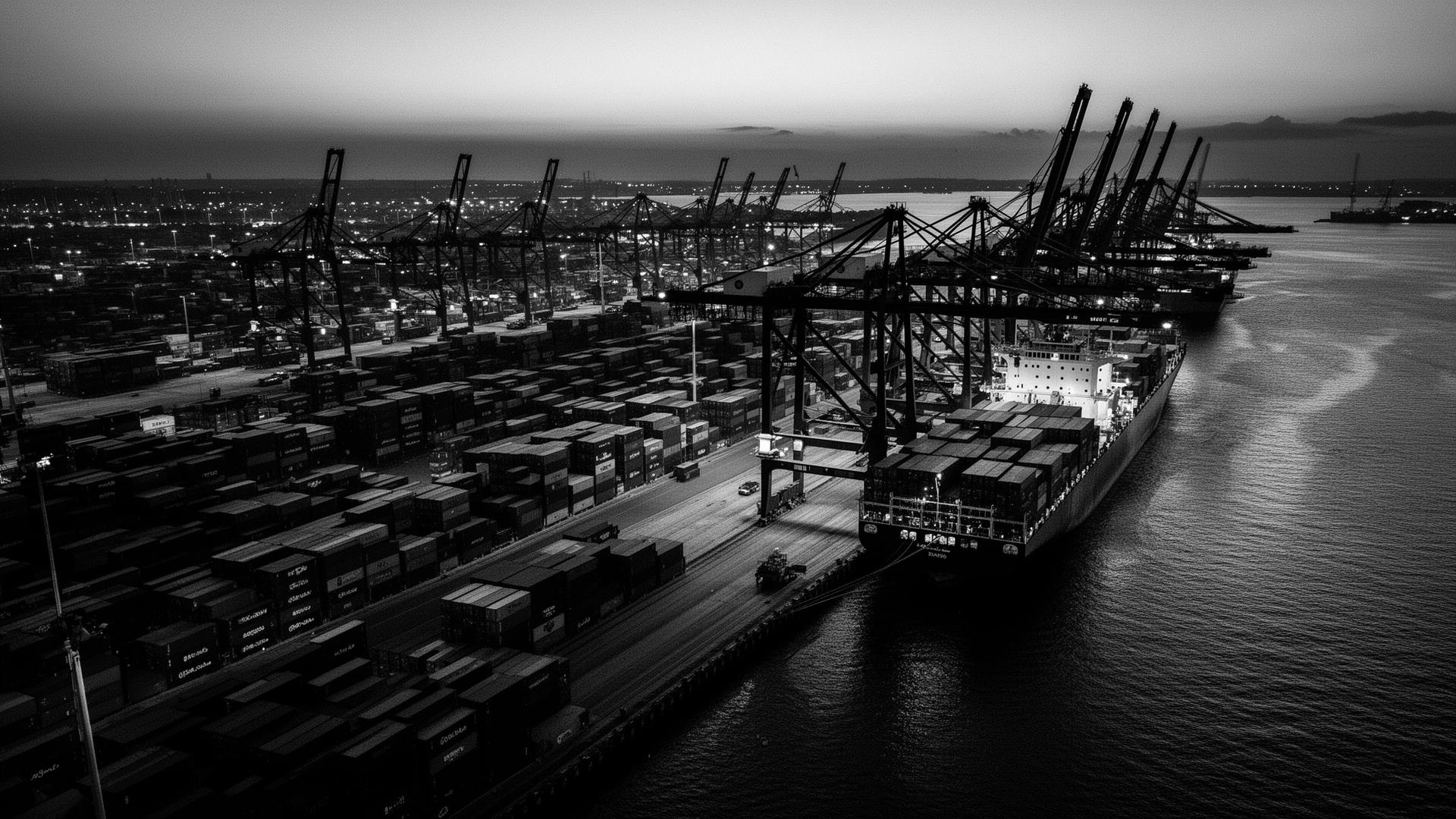 Aerial view of a global container port at dusk. Final mile of the Global Supply Network chain into Australia.